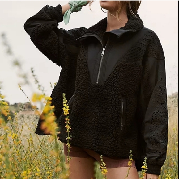 Free People,  Seaside Crocheted Sherpa Fleece Jacket in Black, Size S -NWOT - Picture 2 of 15